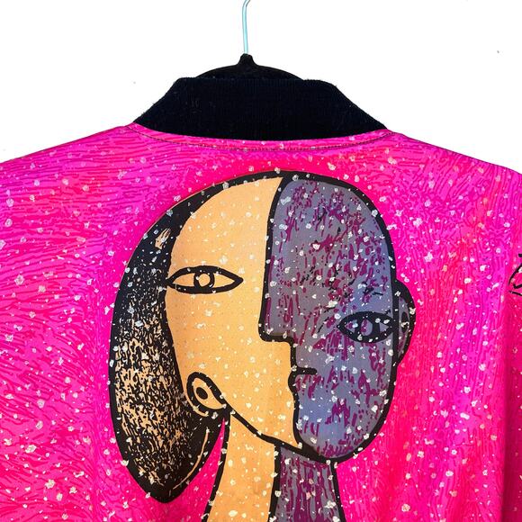 Vintage Picasso Art Bomber Jacket Bright Pink Sequins 1980s Festival Large - Picture 7 of 7
